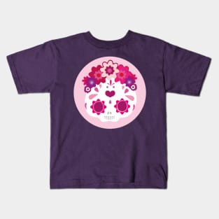 Kawaii mexican sugar skull adorable pink flower headband cute day of the dead Kids T-Shirt